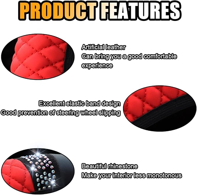 JOYCOURT 15 Inch Bling Soft Leather Car Steering Wheel Cover, Red | Colorful Rhinestones Design, Auto Elastic Protector for Women Girls, Crystal Diamond Car Accessories for Most Cars, SUVs