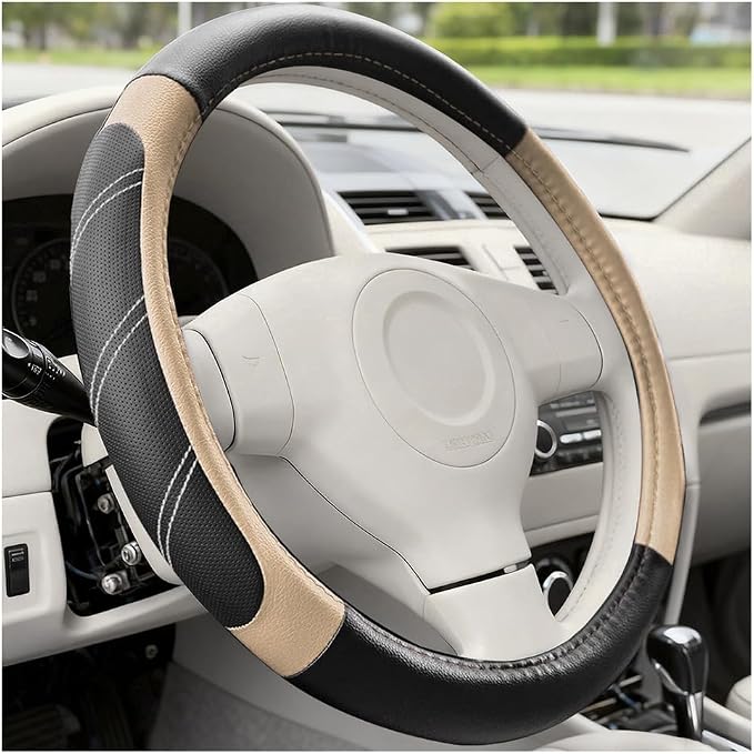 Car Steering Wheel Cover, 15 Inch Leather Breathable Auto Wheel Protection Cover with Non-Slip Lining, Padded Soft Grip Vehicle Steering Protector, Universal Fit (Black/Beige)