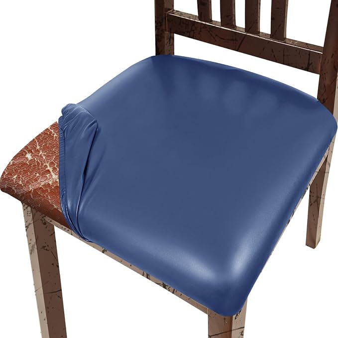 Pu Leather Dining Chair Seat Covers Set of 6, Waterproof Dining Seat Covers Stretch Chair Covers for Dining Chairs/Kitchen Room/Hotel, Odorless Seat Covers for Kitchen Chairs (Blue - 6 PCS)