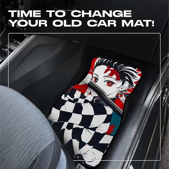 Anime Car Carpet Mat Set of 2 Front, Black Tnjro Design Automotive Accessories Interior All Weather Floor Mats Decor with Non Slip Black Anti Skid Backing