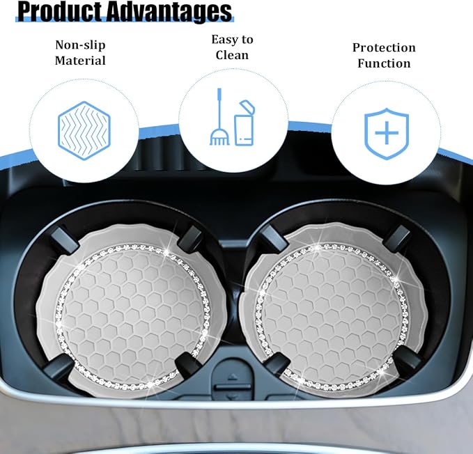 HZEL 4PCS Bling Car Cup Holder Coaster, Shiny Crystal Rhinestone Silicone Dustproof Drink Cup Insert Pad, Dazzling Automotive Interior Water Bottle Holder Embedded Mat, Universal Fit (Gray)