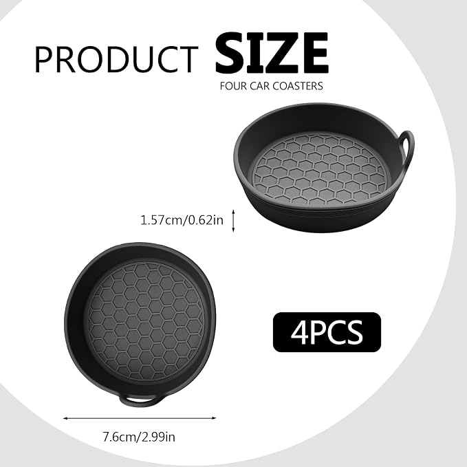 4 Pack Car Cup Holder Coaster, Universal Silicone Non-Slip Insert Pad, Waterproof Spill-Proof Drink Mat for SUV Sedan Truck, Automotive Interior Accessories (Black)