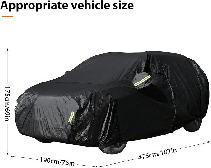 SUV Car Cover Waterproof All Weather, Full Exterior Outdoor Car Cover Up to 187 in with Door Zipper, Windproof Straps, UV Rain Snow Dust Protection (Black)