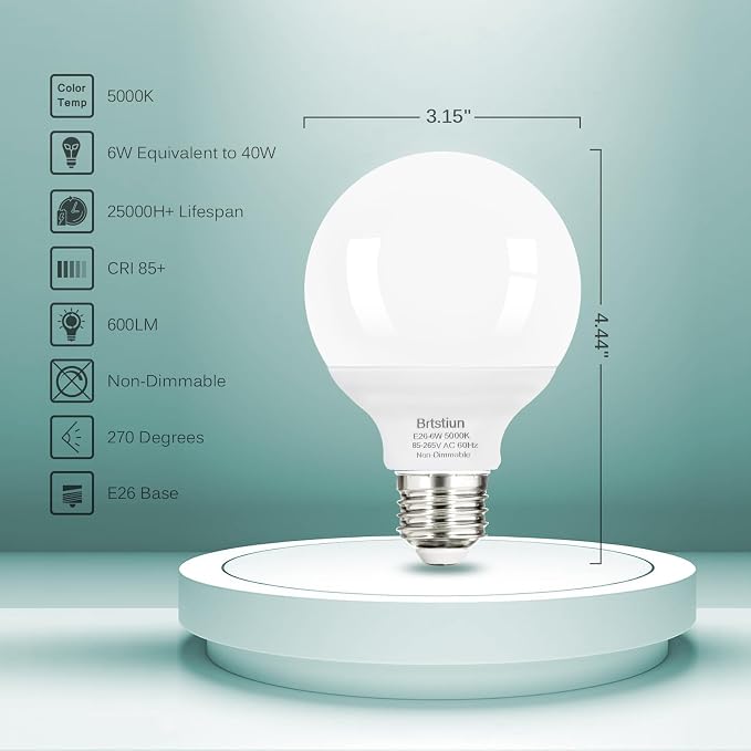 Brtstiun G25 LED Light Bulbs, Round Vanity Light Bulbs for Bathroom, 40W Equivalent, Daylight White 5000K, E26 Base Globe Light Bulb, 600LM, Non-Dimmable, 12-Pack