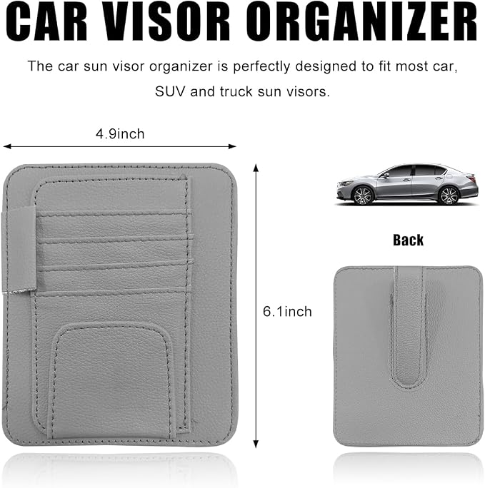 povtii Car Sun Visor Organizer, Waterproof Leather Car Sun Visor Storage Clip, Multifunctional Vehicle Sun Visor Folder with Sunglasses Clip, Universal Interior Car Accessories (Gray)
