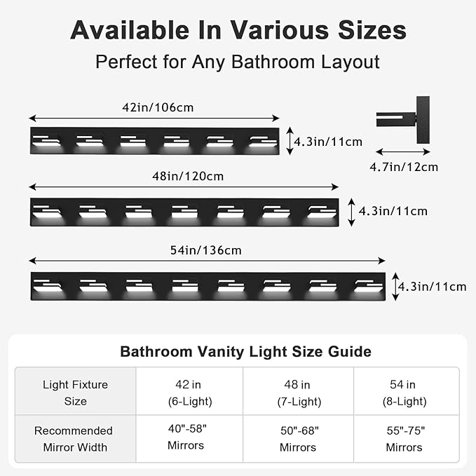 LED Modern Bathroom Vanity Light Fixtures, Dimmable Matte Black Vanity Lights for Bathroom Lighting Fixtures Over Mirror, with 360° Rotatable Acrylic Heads 7-Light 48-inch (Cool White 6000K)