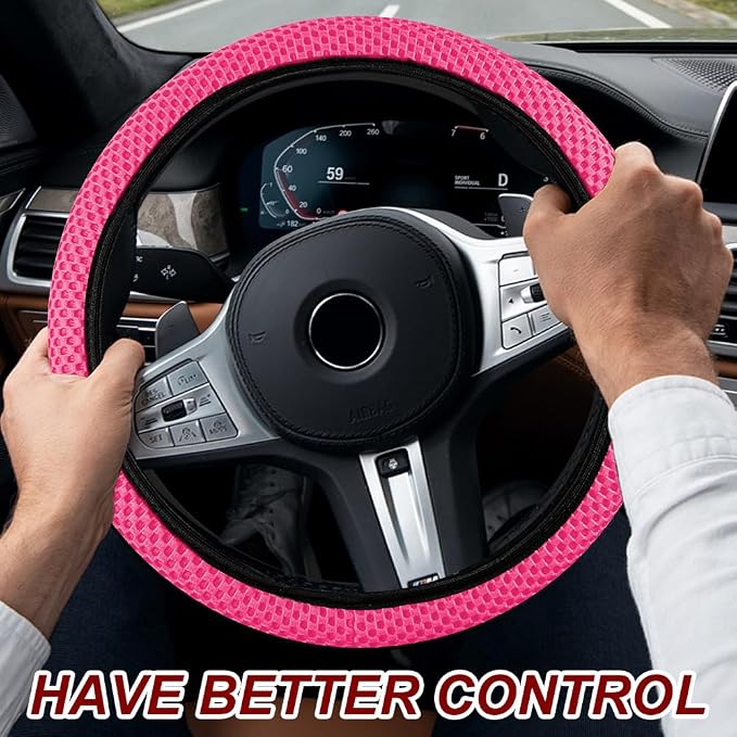 Breathable Elastic Steering Wheel Cover,15 Inch Stretch Steering Wheel Protector,Microfiber Ice Silk Anti-Slip Car Wheel Cover,Odorless Comfort Grip Interior Accessory for Cars SUV Truck（Rose Red）