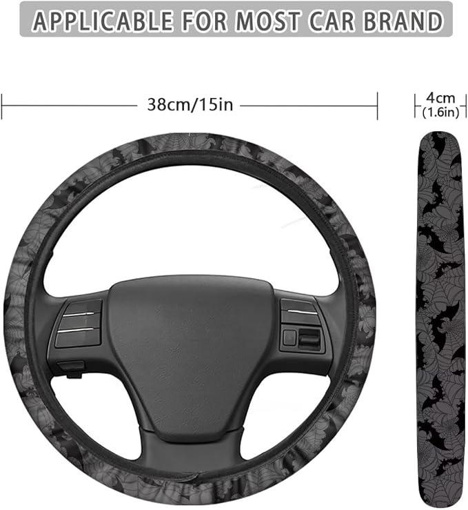 Wanyint Bat Spider Web Gray Car Steering Wheel Cover for Women Men, 15 Inch Soft Neoprene Stretchy Anti-Slip Washable Halloween Car Accessories Universal Fit for Sedans SUV