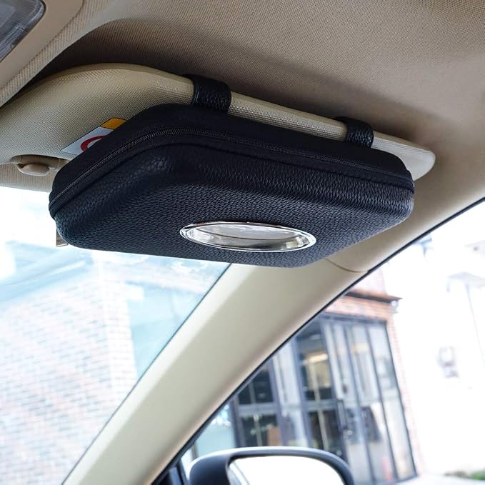 Car Tissue Holder, Sun Visor Napkin Holder, Car Visor Tissue Holder, PU Leather Backseat Tissue Case Holder for Car,Vehicle (Black)