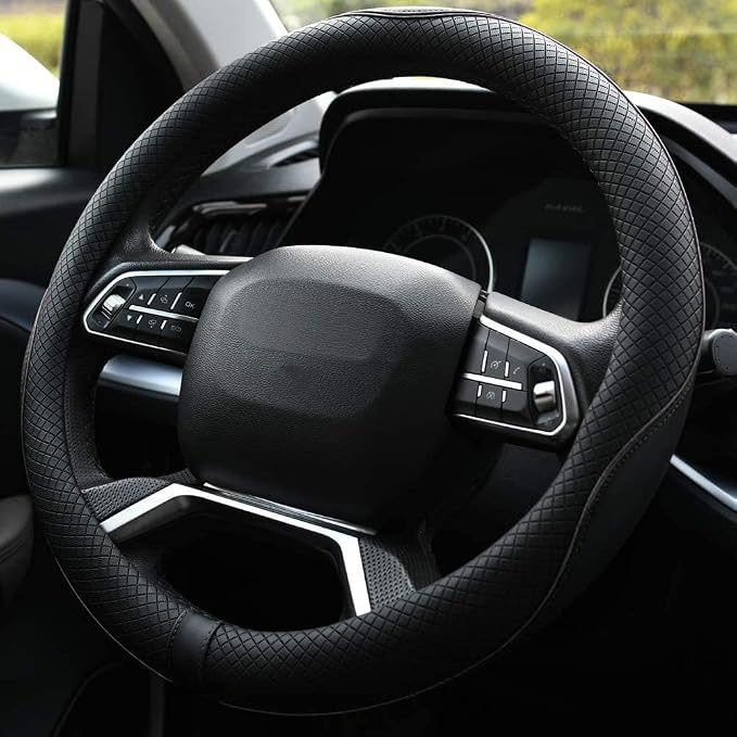 Rueesh Microfiber Leather Steering Wheel Cover Anti-Slip Matte Finish Auto Car Wheel Cover Universal 15 Inch Wheel Cover for Car Embossing Pattern Black Line