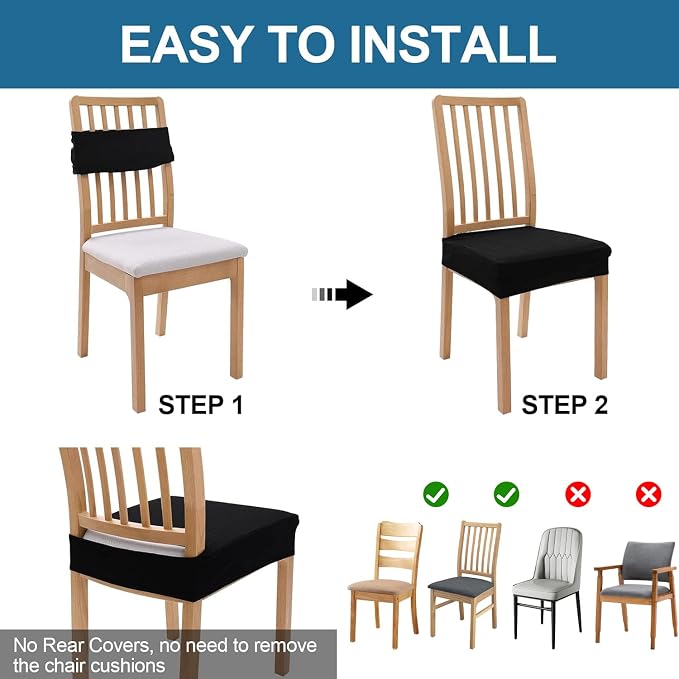 Smiry Waterproof Seat Covers for Dining Room Chairs Set of 2, Stretch Jacquard Removable Washable Chair Seat Slipcovers Protector, No Rear Covers, Black