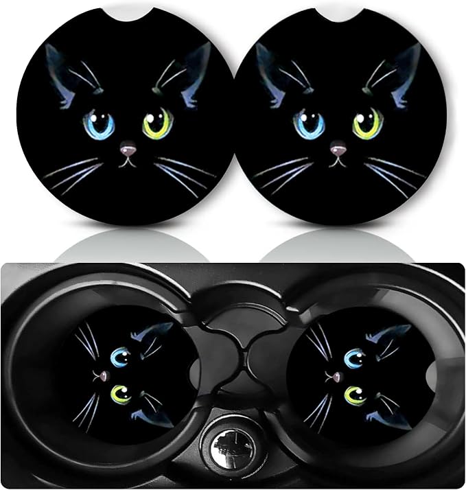 2 Pack Black Cat Car Cup Holder Coasters Neoprene Anti Slip Rubber Mat | Cat Car Accessories Interior Decor 2.75" Universal Size Insert Auto Coasters Cats Mom Gifts for Women Men Pet Love