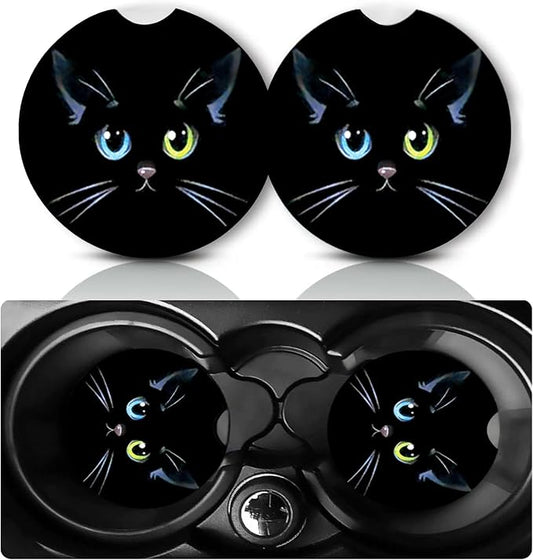 2 Pack Black Cat Car Cup Holder Coasters Neoprene Anti Slip Rubber Mat | Cat Car Accessories Interior Decor 2.75" Universal Size Insert Auto Coasters Cats Mom Gifts for Women Men Pet Love