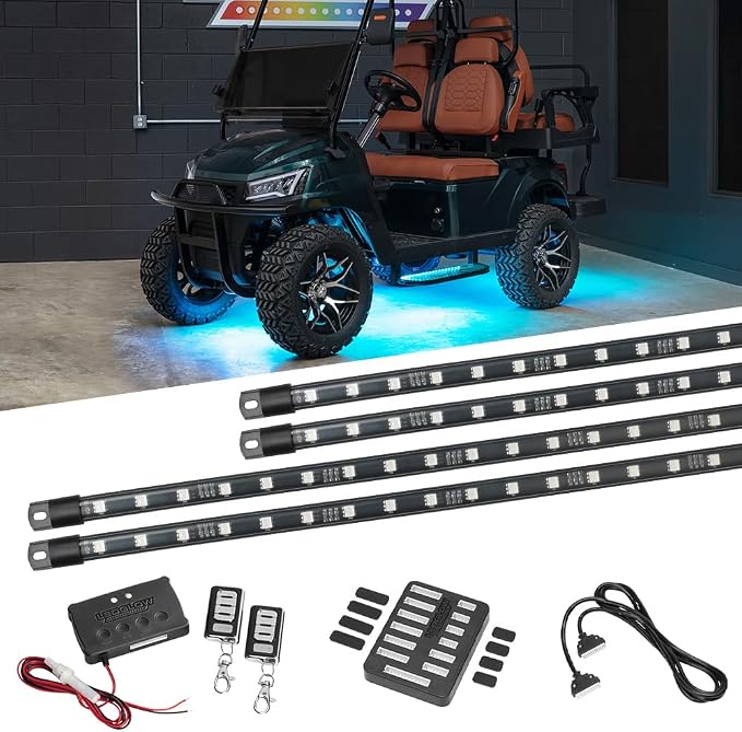 LEDGlow 4pc Million Color LED Golf Cart Underglow Kit for 12V 4-Seater | Accent Neon Lights Fit EZGO Yamaha Club Car ICON, Multi-Color Water Resistant Flex Tubes, 10 Solid Colors, 16 Modes