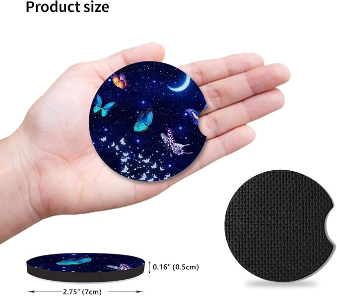 2pcs Blue Butterfly Cup Coaster for Car SUVs Trucks, Rubber Car Coasters with A Finger Groove, Car Cup Holder Coasters Interior Accessories