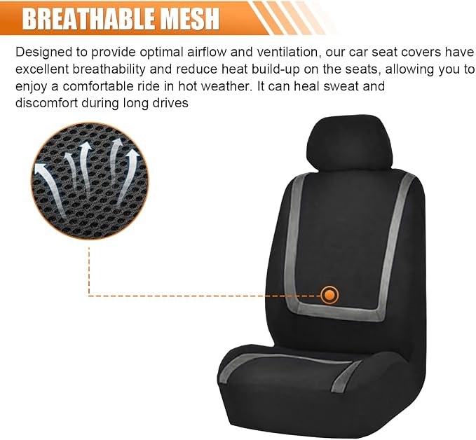 Car Seat Covers, Breathable Comfortable Automotive Seat Protectors, Anti-Slip 2 Front Seats Covers Airbags Compatible, Universal Washable Vehicle Accessories for Car, Truck, SUV (Black/Grey)