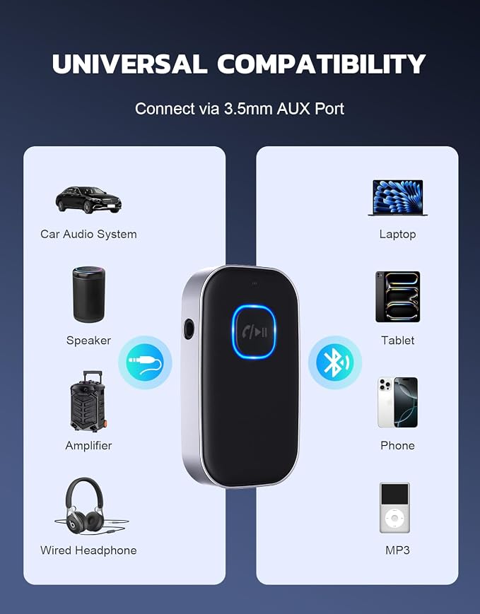 COMSOON Bluetooth Receiver for Car, Noise Cancelling 3.5mm AUX Bluetooth Car Adapter, Wireless Audio Receiver for Home Stereo/Wired Headphones, Hands-Free Call, 16H Battery Life - Black+Silver
