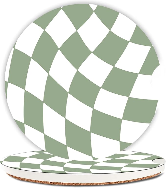 Wave Sage Green Checkerd Car Coasters for Cup Holder Absorbent Ceramic Cup Coaster 2 Pack Anti Slip Car Interior Accessories with Finger Notch Cork Base for Women Men 2.56"