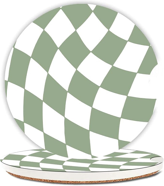 Wave Sage Green Checkerd Car Coasters for Cup Holder Absorbent Ceramic Cup Coaster 2 Pack Anti Slip Car Interior Accessories with Finger Notch Cork Base for Women Men 2.56"