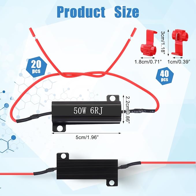 Xuhal 20 Pack 50W 6ohm Load Resistor Turn Signal LED Kit Fix Fast Flash Blink Error Code Flickering Resistor for LED Lights Bulb Headlights Tail Light License Plate DRL(Black)