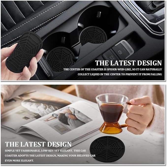 4PCS Car Cup Holder Coaster, Car Cup Insert, 2.75 inch Silicone Anti Slip Spider Web Auto Coaster, Automotive Interior Accessories Car Drink Coasters Cute Fit for Women and Men (Black)