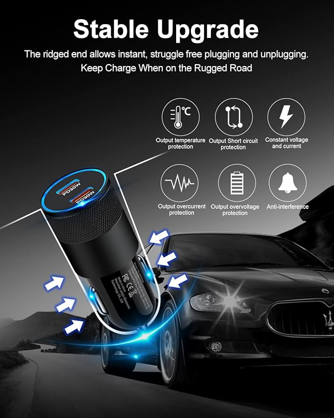 60W USB C Car Charger, 2Pack USB C Cigarette Lighter Adapter Fast Charging | Dual Port PD3.0 Type C Car Charger Plug Compatible with iPhone 17 16 15 14 Pro Max Samsung Galaxy S26/S25/S24 Pixel 10 9Pro