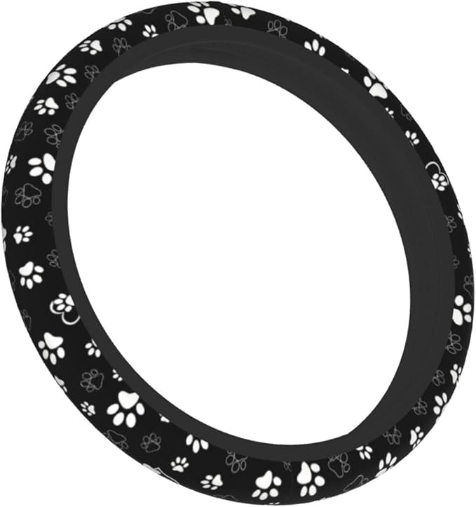 Paw Print Steering Wheel Cover - Black White Dog Paw Steering Wheel Car Accessories Universal 15 Inch Cute Steering Wheel Cover Girls Women Men Anti Slip Breathable Wheel Cover