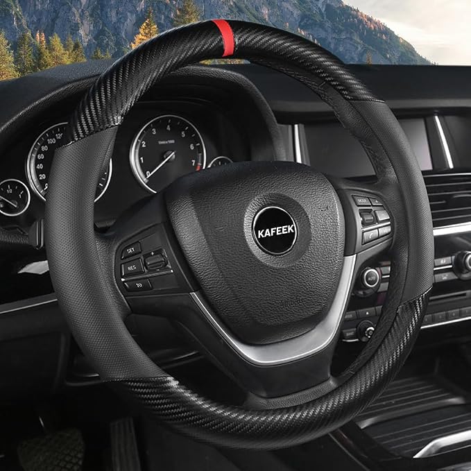 KAFEEK Carbon Fiber Steering Wheel Cover for Men, Car Accessories, Black | Universal 15 Inch Sporty & Thin Cover, Anti-Slip Breathable Leather with Racing Red Center Stripe