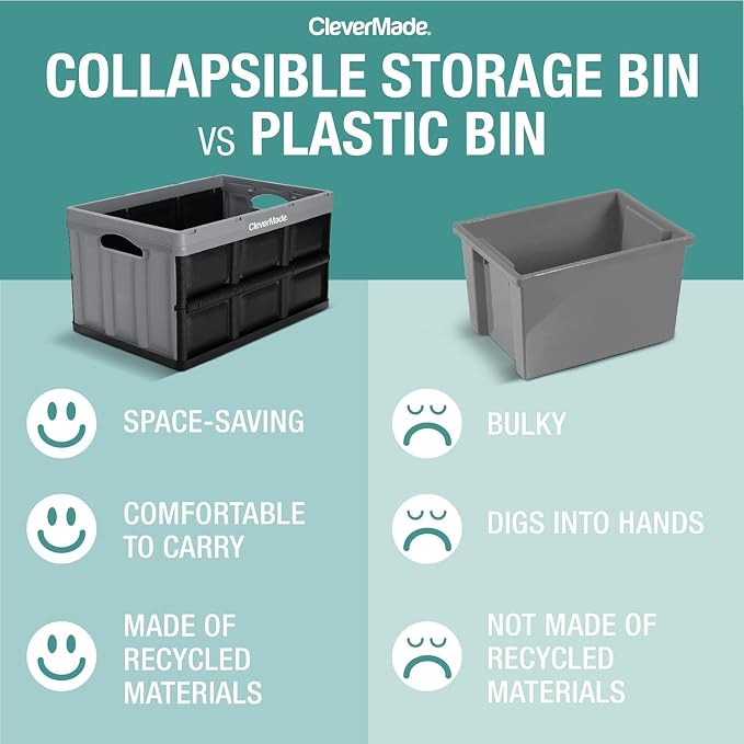 CleverMade Collapsible Plastic Storage Bins, 62L 3 Pack, Stackable, Ocean | Built-in handles simplify garage, car and household organization, while the roomy open-top keeps bulky supplies accessible