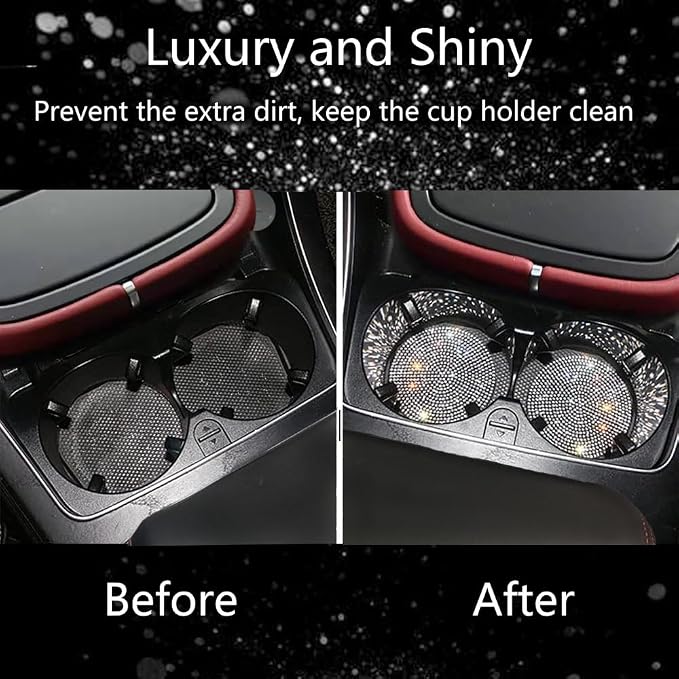 NBTEPEM 2pcs Bling Car Cup Holder Coaster, 2.75 inch Anti-Slip Shockproof Universal Fashion Coasters Insert Crystal Rhinestone Automotive Interior Accessories for Women (2 pcs, White)