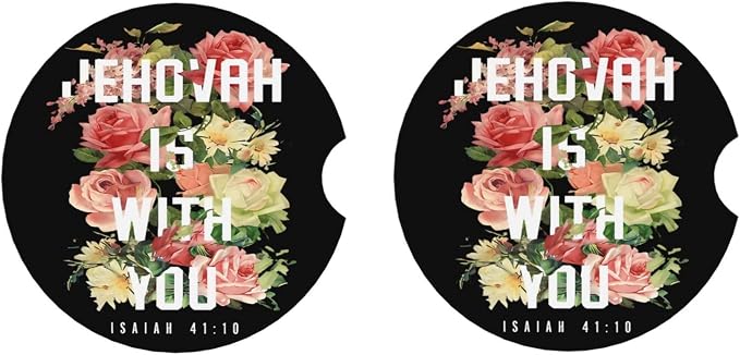 Jehovah is with You Floral Absorbent Ceramic Car Coasters 2 Pack Round Insert Cupholder Coaster Car Cup Holder Mat with Finger Notch Anti-Slip Cork Base Reusable Drink Coasters 2.56 in