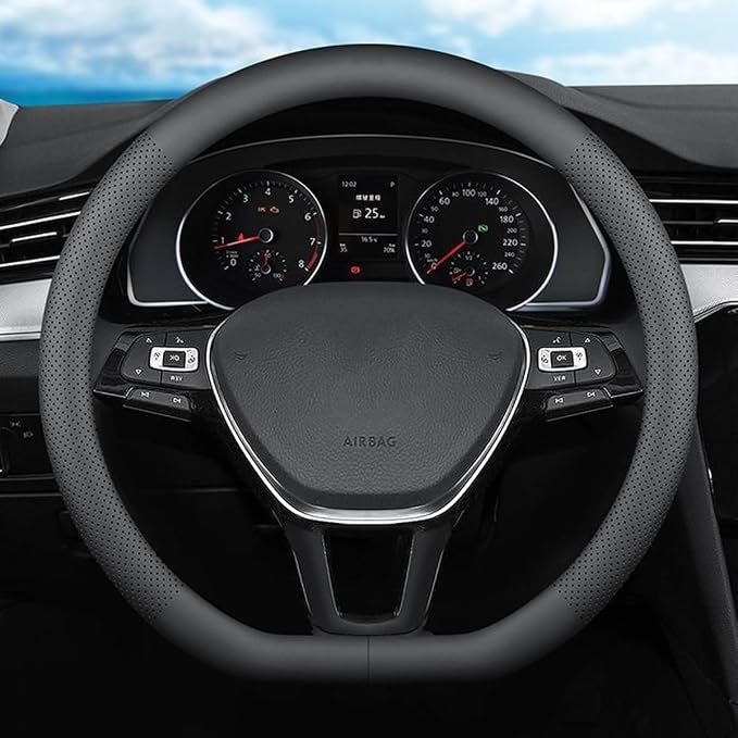 XHRING D-Shaped Car Steering Wheel Cover for Volkswagen VW Atlas Tiguan ID.4 Taos Passat Golf Jetta Beetle Polo GTI CC Touareg SE SEL R-line S Cross Sport Accessories, 2026 Leather Black
