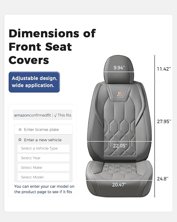 Huidasource Front Seat Covers, Universal Fit for Most Cars SUV Trucks, Full Coverage Leather Seat Cover, Airbag Compatble, Seat Function Retain, Storage Pocket Design, Easy to Install, Gray