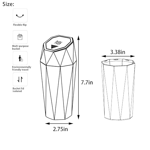Car Trash Can with Lid，Mini Diamond Design Automatic Portable Trash Can，Used in Car Home, Office, Kitchen, Bedroom (2, Grey)