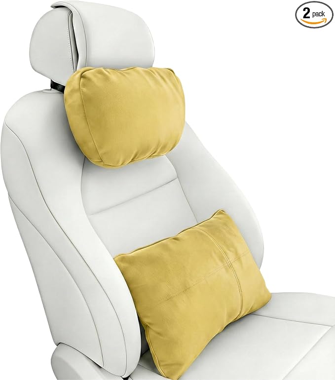2PCS Car Pillow for Car Neck Pillow for Driving Seat Neck Support Soft Cushion Back Support Head-Rests for Vehicle Sleeping with Elastic Adjustment Strap (Golden, Head and Lumbar)