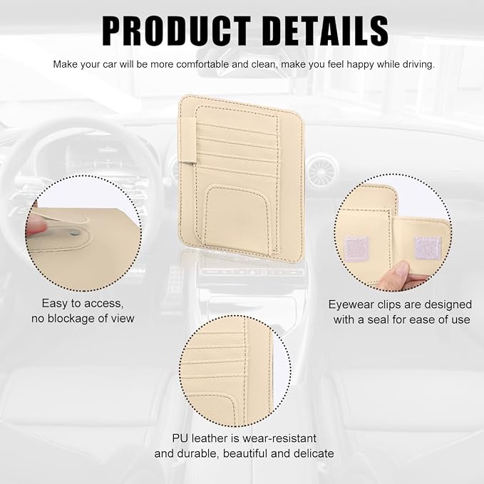 povtii Car Sun Visor Organizer, Waterproof Leather Car Sun Visor Storage Clip, Multifunctional Vehicle Sun Visor Folder with Sunglasses Clip, Universal Interior Car Accessories (Beige)