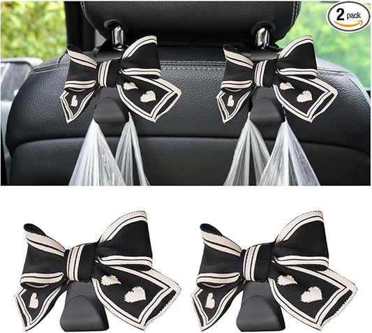 Mandark 2PCS Car Seat Headrest Hooks, Cute Bow Vehicle Hooks for Purses and Bags, Auto Purse Hook Hanger Interior Decoration Accessories, Universal for SUV, Sedan, Truck (Black Line)