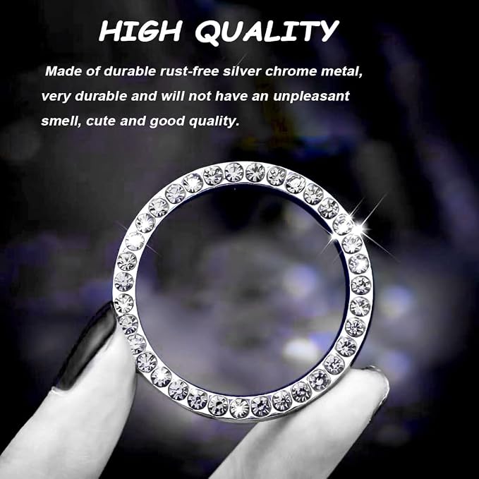 6 Pcs Car Bling Crystal Rhinestone Ring Emblem Sticker, Single Drainage Drill Car Start Button Cover, Key Ignition Knob Bling Ring Decals, Bling Car Accessories for Women, Silver