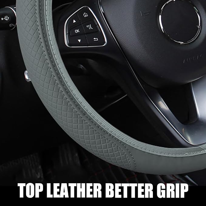 Car Steering Wheel Cover, Universal 14.5-15 Inch Grey Leather Steering Wheel Wrap with Better Sport Grip for Men Women, Anti-Slip Breathable Car Interior Accessories for Most Vehicles (Grey2)