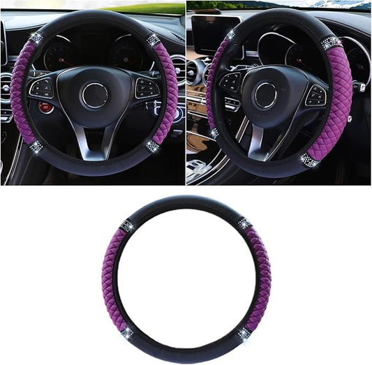 JOYCOURT 15 Inch Bling Soft Leather Car Steering Wheel Cover, Purple | Colorful Rhinestones Design, Auto Elastic Protector for Women Girls, Crystal Diamond Car Accessories for Most Cars, SUVs