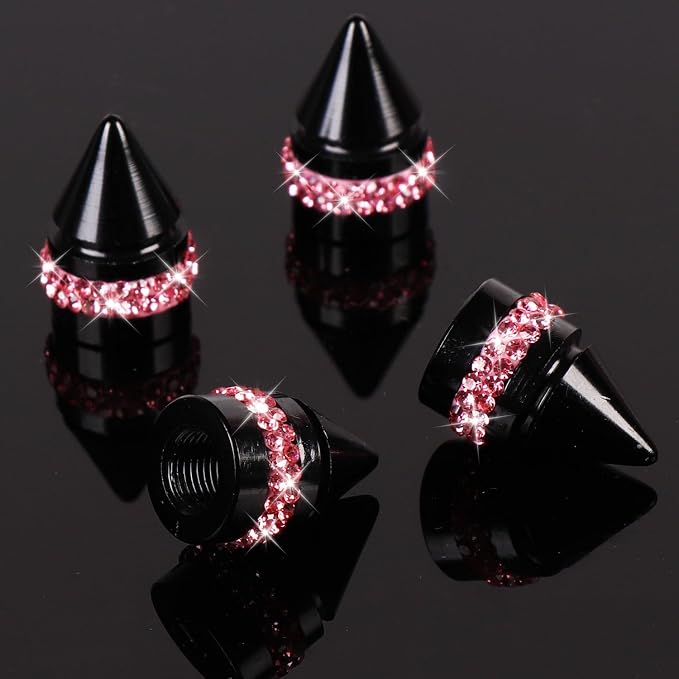 ToBeQueen Bling Pink Tire Valve Caps, 4 Pack Handmade Crystal Rhinestone Valve Stem Covers Universal Dustproof Bling Car Accessories for Women for Car/SUV/Motorcycle/Bike(Pink)