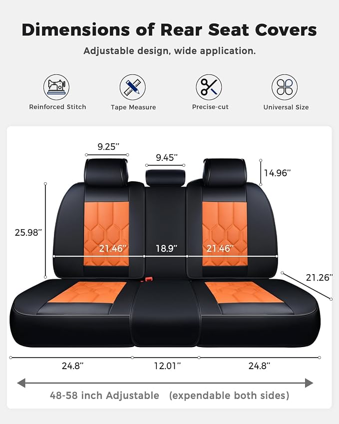 Huidasource Car Seat Covers, Universal Fit for Cars SUV Truck, Black&Orange | Full Coverage Leather Seat Cover, Airbag, Cupholder Compatible, Seat Function Retain, Easy Install with Velcro