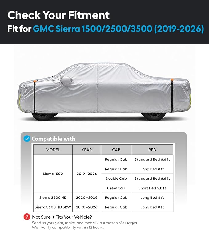 Wigoo GMC Sierra 1500 2500 3500 Truck Car Cover Accessories 2019-2026, Custom Fit Waterproof All Weather Outdoor Pickup Cover, Windproof UV Rain Snow Dust Protection, Door Zipper, Reflective Strips