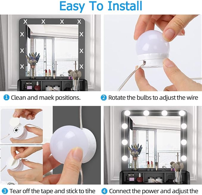 USB Powered Vanity Mirror Lights 10 Dimmable LED Bulbs 3 Color Changing Brightness Adjustable Makeup Lighting Strip for Dressing Bathroom Vanity Mirror