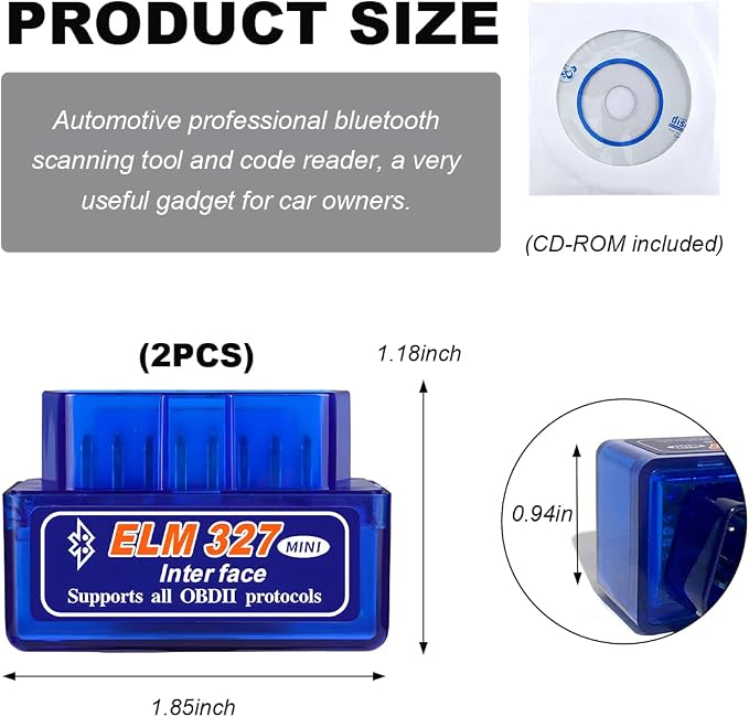 KVAEY 2 PCS OBDII Car Auto Diagnostic Scanner, ELM327 Automotive Bluetooth Scan Tool and Code Reader, Professional Car Bluetooth Engine Fault Code Reader, Universal Car Accessories (2 PCS)