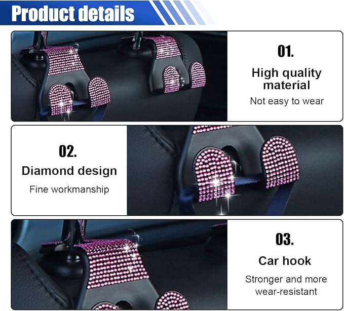 LAINLOY 2PCS Car Seat Headrest Hooks, Shiny Crystal Hanger Holder, Backseat Hanger Storage Organizer, Bling Rhinestone Car Purse Hook, Car Accessories for Women Universal for SUV Truck Vehicle (Pink)