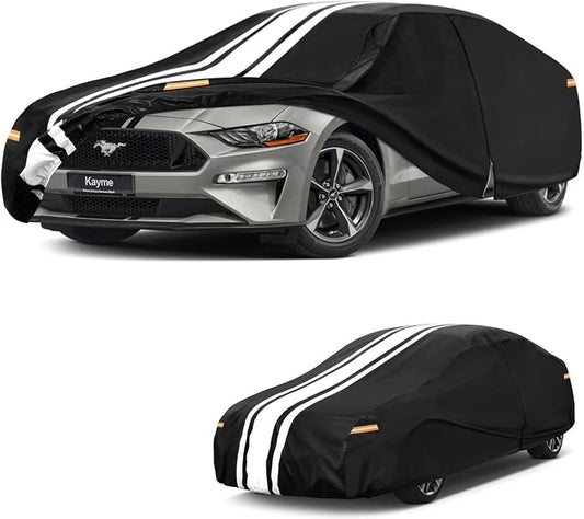 Kayme Heavy Duty Car Cover Custom Fit for Ford Mustang/Shelby/Mustang GT GT350 GT500 (1964-2026), Outdoor Full Exterior Cover with Tape and Towel, Rain Snow Sun UV Protection.