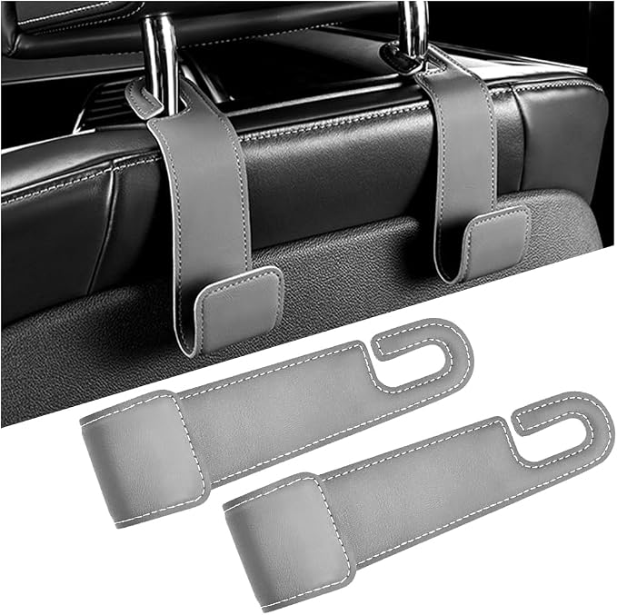 2PCS Car Seat Headrest Hook, Leather Vehicle Seatback Organizer Hanger for Hanging Purses Bags Coats, Auto Seat Back Storage Hook Accessories, Universal for SUV, Sedan, Truck (Gray)