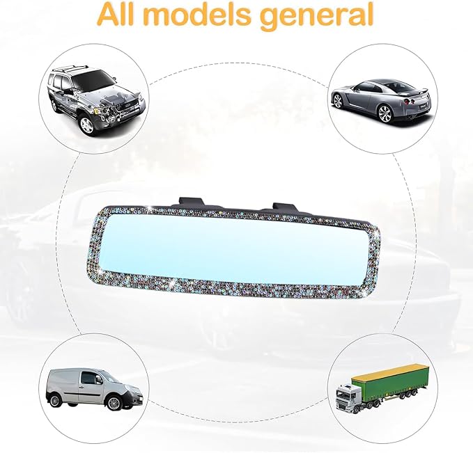 Osilly Bling Car Rearview Mirror, Decorations Rear View Mirror with Crystal Rhinestones & Diamonds, Car Interior Trim Accessories, Clip-on & HD Glass, Sparkly Gift (AB Color+Purple)
