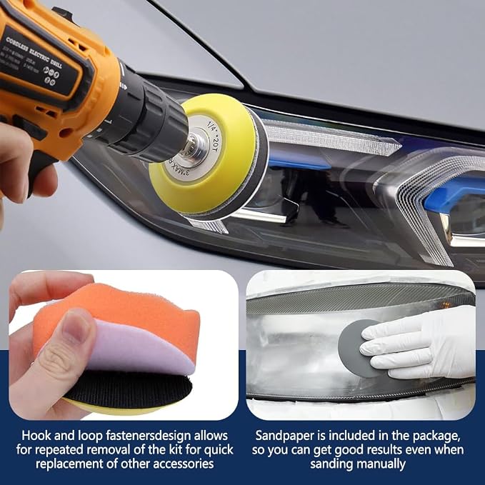 38PCS Car Headlight Restoration Kit, 3 Inch Mixed Sandpaper Set, Headlight Polishing Kit Include Sanding Disc Scouring Pad Polishing Pad for Drill, Universal Car Headlight Renewer Kit